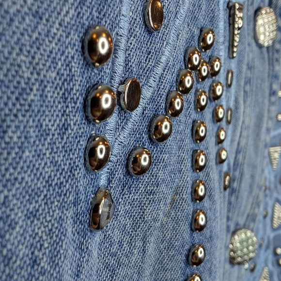 Vintage Colon Made in USA Denim Button Down V Neck Bedazzled Jewel Top M - Picture 7 of 8